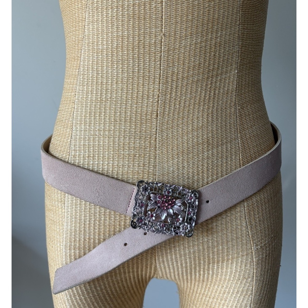 VTG Y2k Junction West Light Pink Suede Belt Rhinestone Buckle Made In Italy